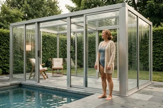 Femme profitant d'une piscine couverte par un abri vitré dans un jardin belge en automne