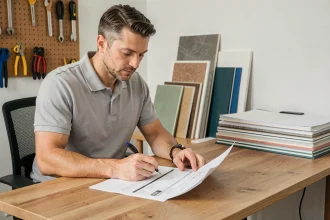 Artisan professionnel révisant un devis travaux détaillé sur un bureau en bois dans un bureau à domicile moderne