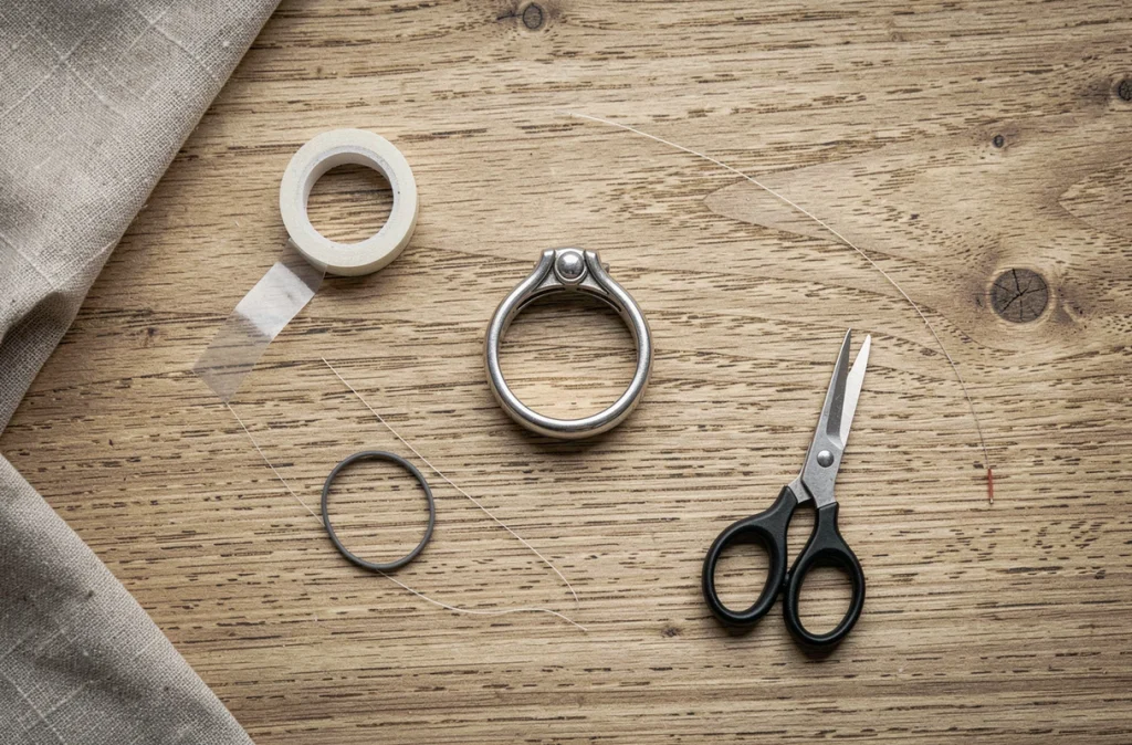 Vue à plat des astuces maison pour réduire la taille d'une bague trop grande sans l'abîmer