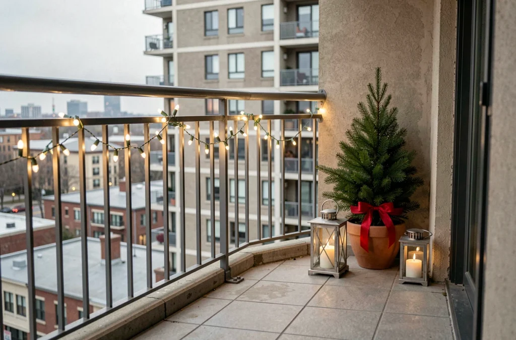 Balcon décoré pour Noël avec guirlandes lumineuses et lanternes à petit budget en ville