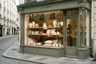 Façade d'une boutique de décoration parisienne au style artisanal dans le quartier du Marais, avec vitrine élégante présentant des vases en céramique et des coussins en lin