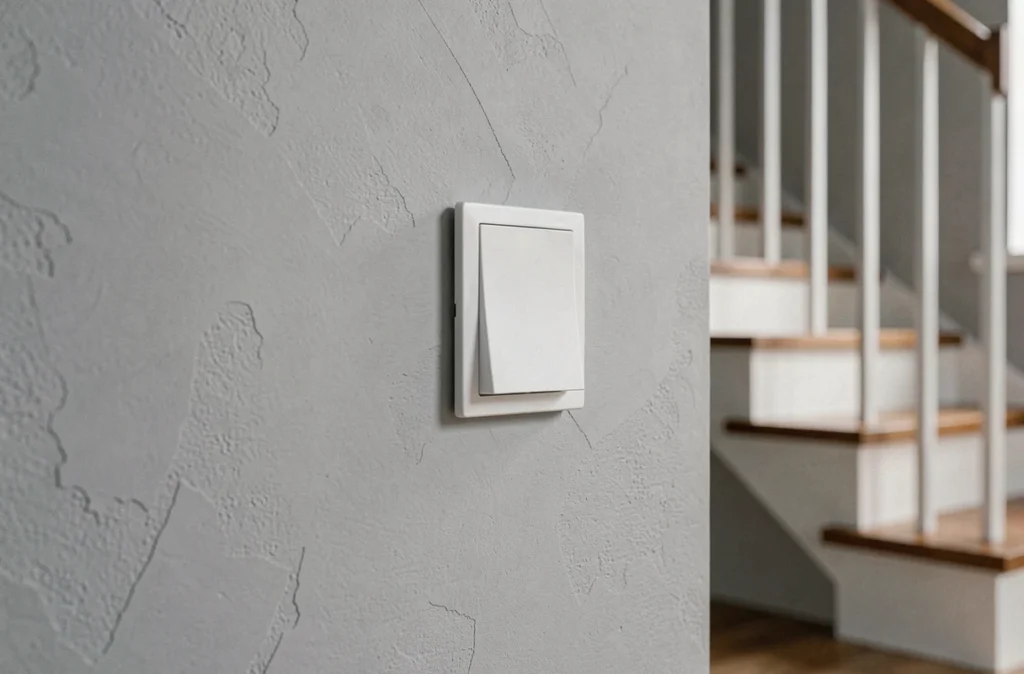 Bouton poussoir Legrand installé sur un mur gris en bas d'un escalier résidentiel moderne après branchement va-et-vient réussi