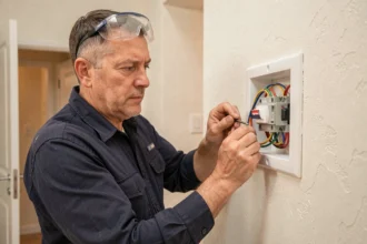 Électricien professionnel connectant les fils d'un bouton poussoir Legrand pour un montage va-et-vient dans un couloir rénové