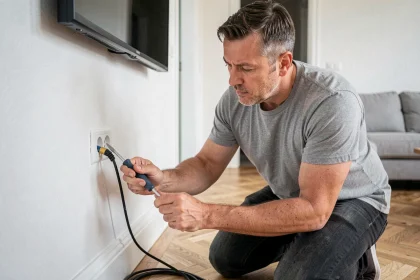 Homme vérifiant le branchement d'une prise TV murale dans un salon moderne