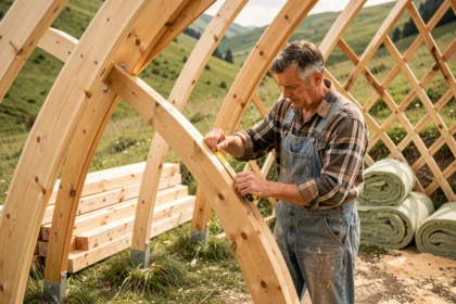 Charpentier mesurant des poutres en bois courbées pour l'ossature d'une yourte sur un chantier rural