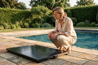 Femme examinant un panneau solaire thermique installé au bord d'une piscine résidentielle dans un jardin verdoyant