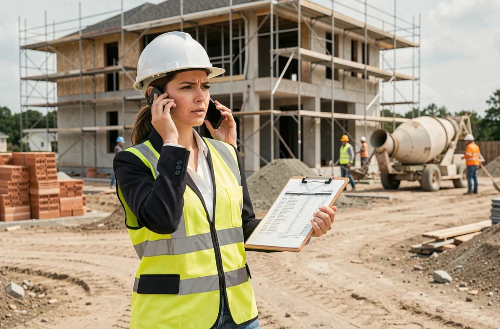Cheffe de chantier analysant un devis de gros œuvre sur un site de construction résidentiel