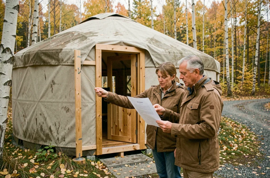 Couple examinant un devis pour une yourte en bois devant leur structure installée en forêt