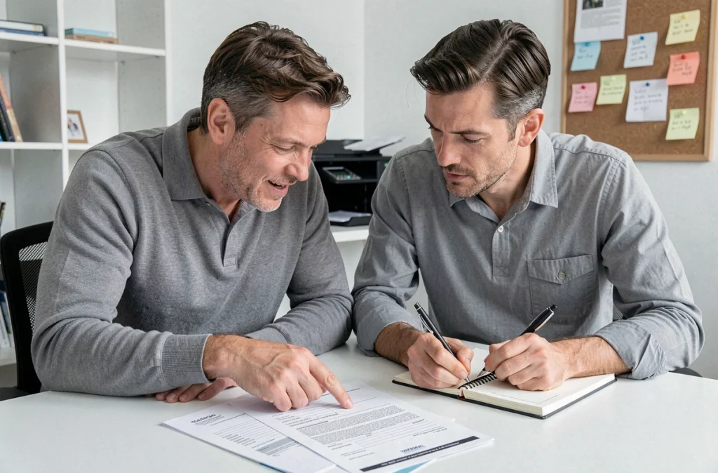 Couple examinant des documents administratifs pour un changement d'adresse dans un bureau à domicile