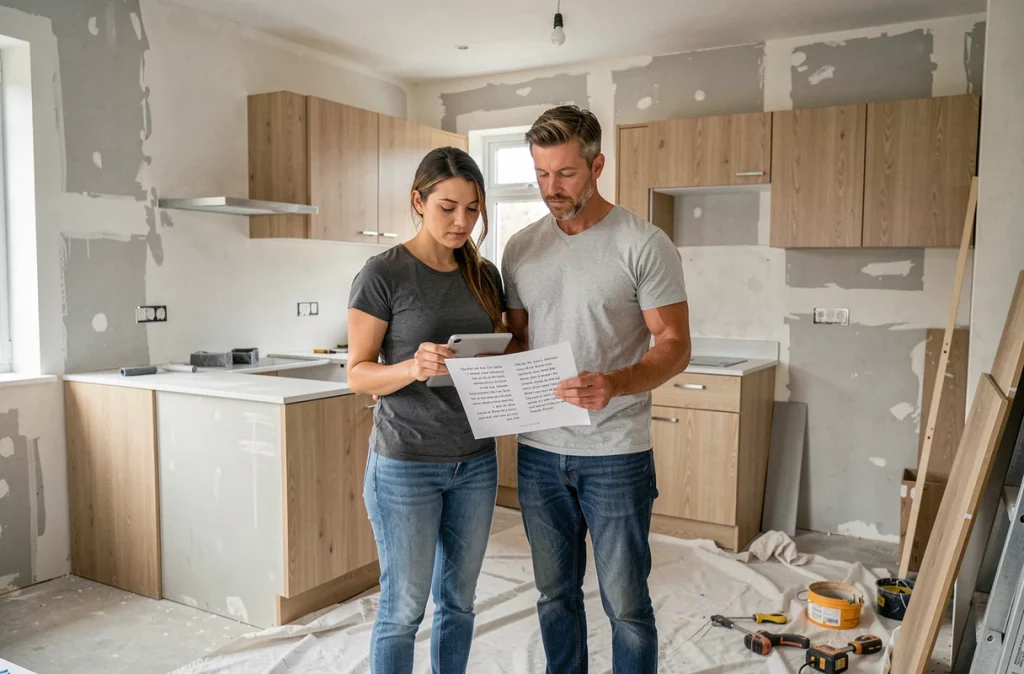 Couple de propriétaires examinant un devis de rénovation cuisine dans un chantier en cours