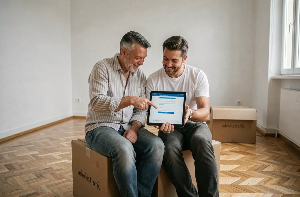 Couple consultant un site de transfert d'abonnements sur une tablette dans un appartement vide lors d'un déménagement