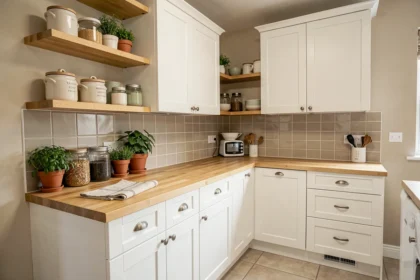 Cuisine compacte optimisée avec rangements ouverts en bois, petite île centrale et décoration minimaliste COZYCASA