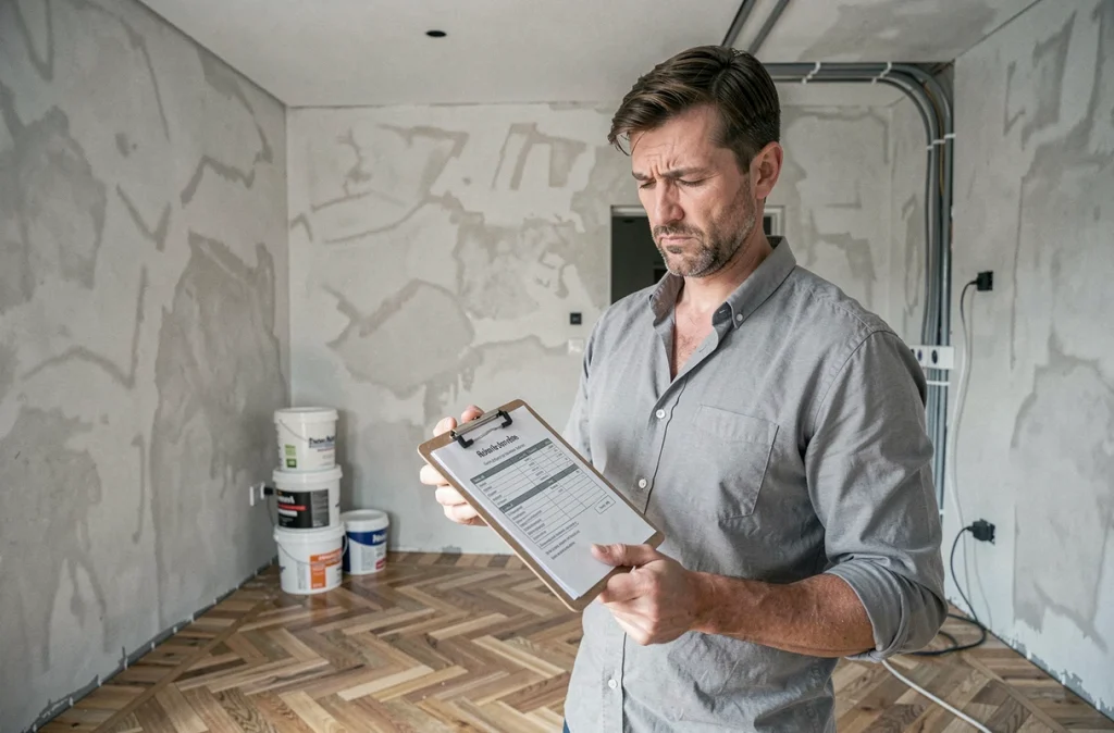 Décorateur intérieur tenant un devis dans un chantier de rénovation avec des travaux inachevés