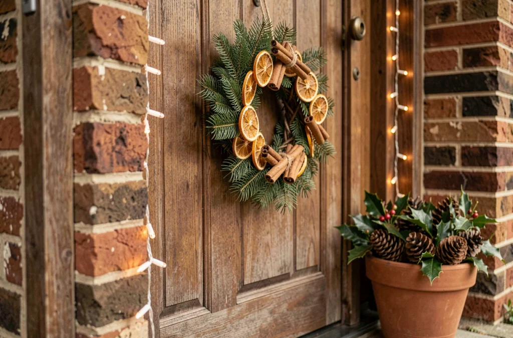 Décoration de porte d'entrée pour Noël avec couronne naturelle et guirlandes lumineuses économiques