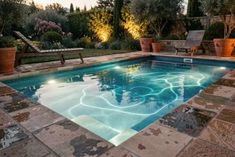 Piscine privée au crépuscule avec éclairage subaquatique LED bleu et vert créant des reflets lumineux sur les margelles en pierre