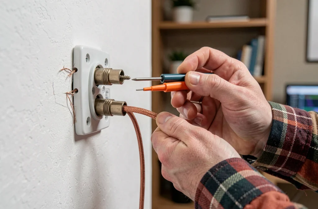 Gros plan sur une prise TV murale avec câbles coaxiaux mal branchés et connecteurs desserrés