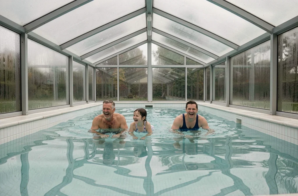 Famille profitant d'une baignade sous un abri de piscine fermé par temps nuageux en Belgique