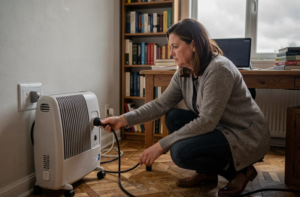 Femme branchant un radiateur à huile sur une prise murale dans un bureau à domicile