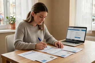 Femme remplissant des formulaires administratifs pour un changement d'adresse dans une cuisine moderne