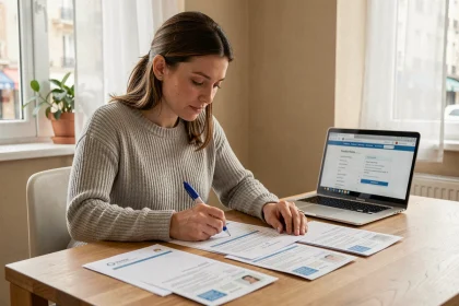 Femme remplissant des formulaires administratifs pour un changement d'adresse dans une cuisine moderne