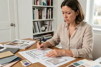 Femme consultant un devis de décoration intérieure avec des erreurs de budget sur un bureau en bois