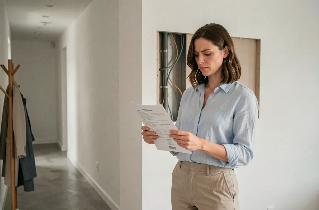 Femme consultant un guide d'installation pour corriger une erreur de branchement prise TV murale