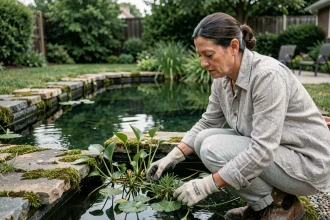 Propriétaire de piscine inspectant des plantes aquatiques utilisées pour la filtration écologique naturelle en bord de bassin