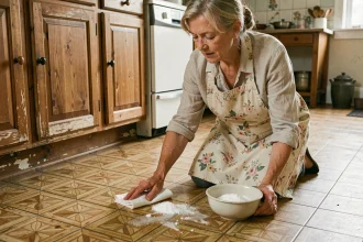 Grand-mère qui nettoie le lino à genoux avec un chiffon et du vinaigre blanc dans une cuisine rustique