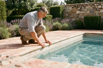 Professionnel inspectant le revêtement en carrelage céramique d'une piscine enterrée dans un jardin méditerranéen