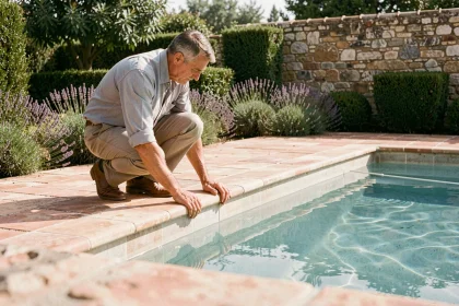 Professionnel inspectant le revêtement en carrelage céramique d'une piscine enterrée dans un jardin méditerranéen