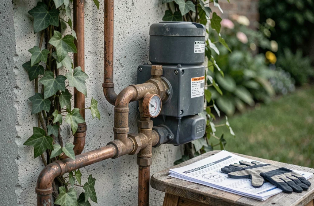 Système de chauffage solaire pour piscine avec pompe et tuyaux en cuivre installés sur un mur extérieur de jardin