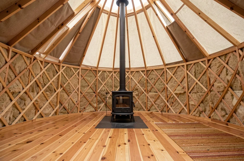Intérieur d'une yourte en bois avec isolation en laine naturelle, poêle en fonte et parquet en douglas