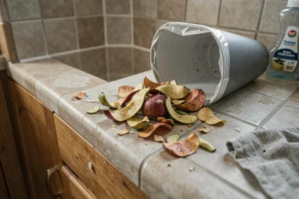 Larves de mouche visibles dans des déchets organiques près d'une poubelle de cuisine entrouverte