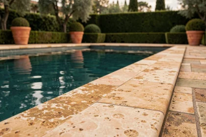 Margelles en pierre calcaire naturelle autour d'une piscine résidentielle méditerranéenne avec jardin soigné