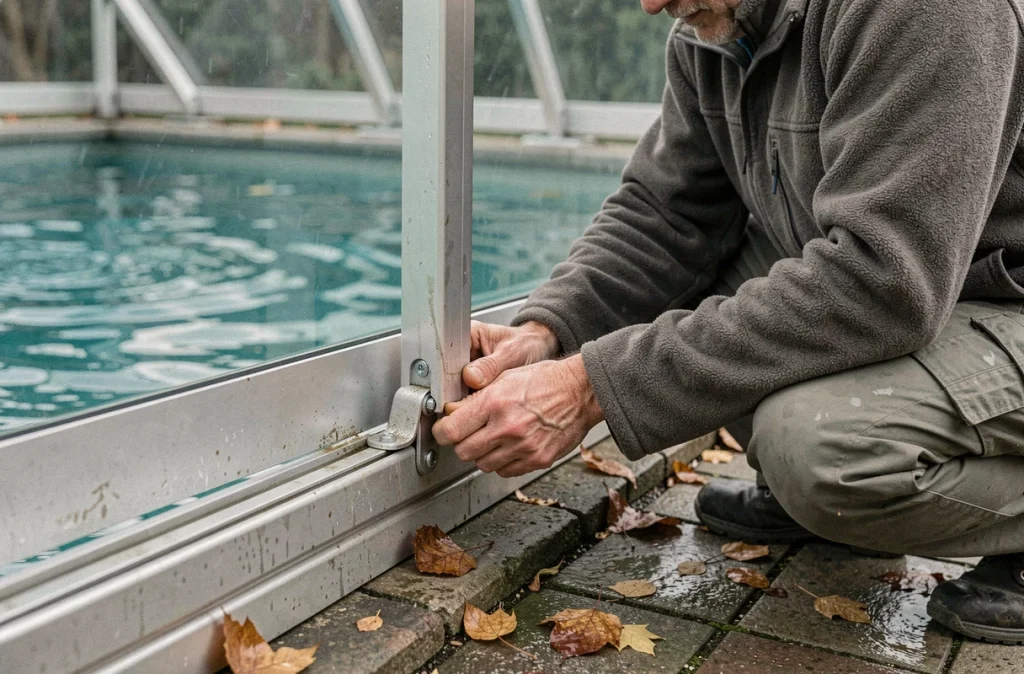 Homme réglant le mécanisme coulissant d'un abri de piscine rétractable en Belgique