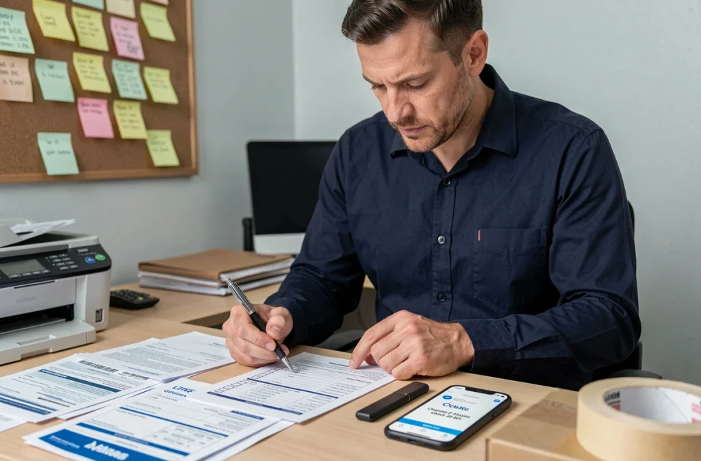 Homme organisant ses documents d'abonnements et factures avant un déménagement dans un bureau à domicile