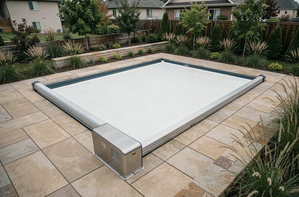 Piscine familiale entièrement recouverte d'un volet roulant automatisé en PVC blanc dans un jardin moderne