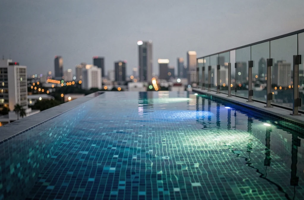 Piscine à débordement sur toiture terrasse avec éclairage subaquatique bleu profond et vue urbaine floue au crépuscule