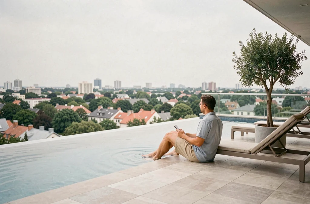 Piscine à débordement sur toiture-terrasse d'une maison urbaine moderne avec vue sur les toits de la ville et couple profitant de l'espace