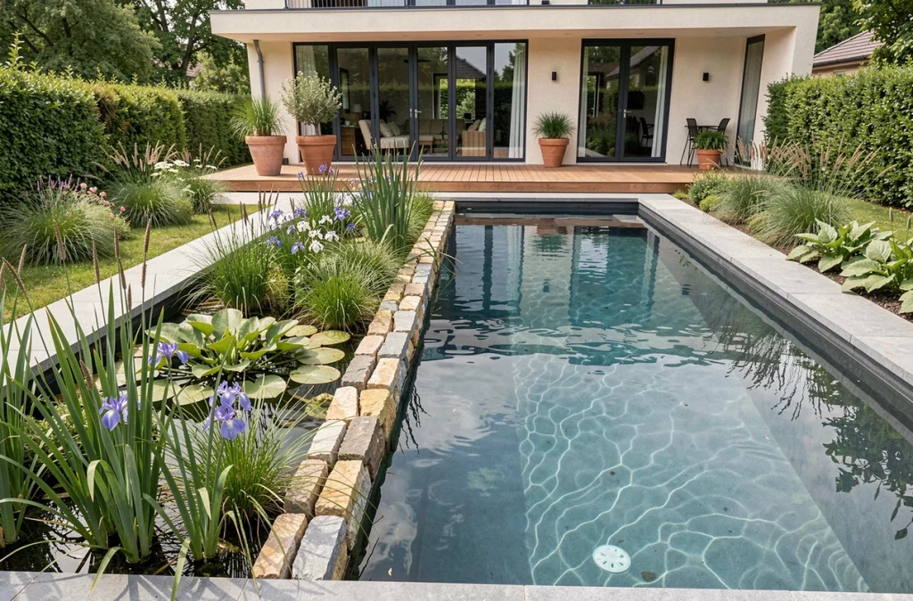 Piscine naturelle à filtration écologique avec zone de lagunage plantée de roseaux dans un jardin moderne aménagé