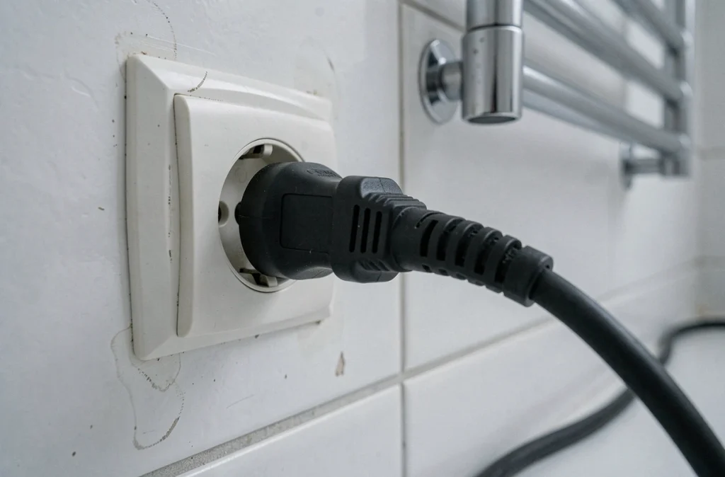 Gros plan sur une prise électrique avec fiche de radiateur d'appoint branché dans un couloir de salle de bain