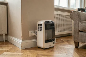 Petit radiateur soufflant blanc branché sur une prise murale dans un salon d'appartement français