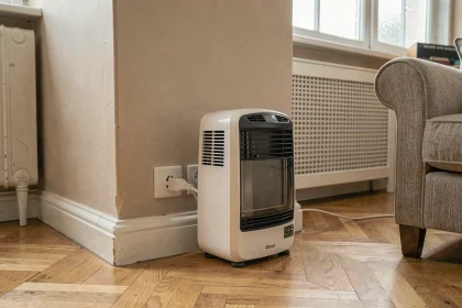 Petit radiateur soufflant blanc branché sur une prise murale dans un salon d'appartement français