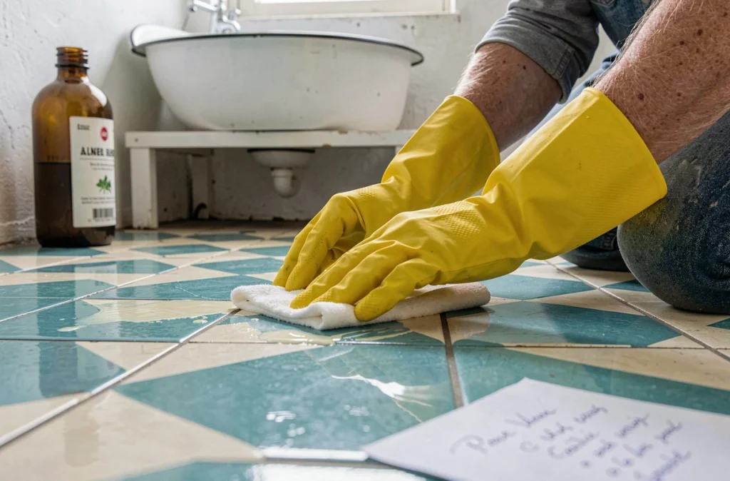 Mains gantées appliquant un produit naturel maison pour raviver la brillance d'un lino vintage