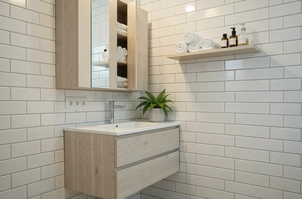 Salle de bain scandinave compacte avec meuble vasque flottant en bois clair et rangements cachés optimisés