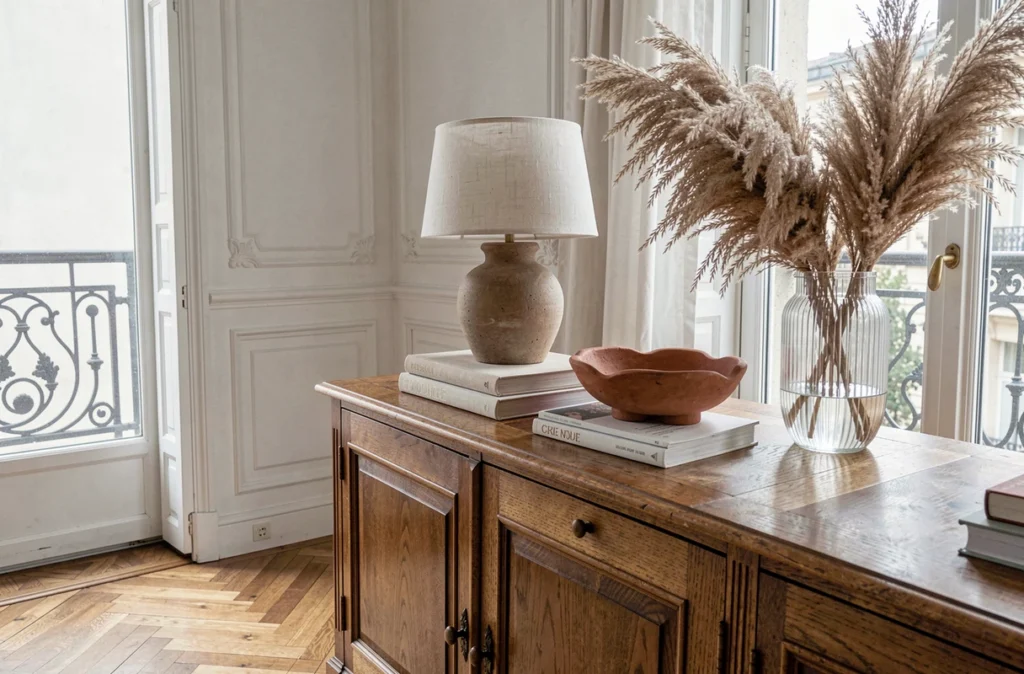 Coin salon parisien décoré avec des objets artisanaux soigneusement sélectionnés : lampe en céramique, livres en lin, bol en terre cuite et herbes de pampa séchées sur un buffet en chêne