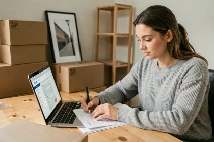 Femme remplissant des formulaires de transfert d'abonnements entourée de cartons de déménagement dans un appartement
