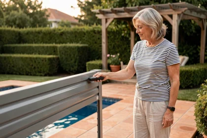 Femme actionnant la télécommande d'un volet roulant automatisé pour piscine dans un jardin familial