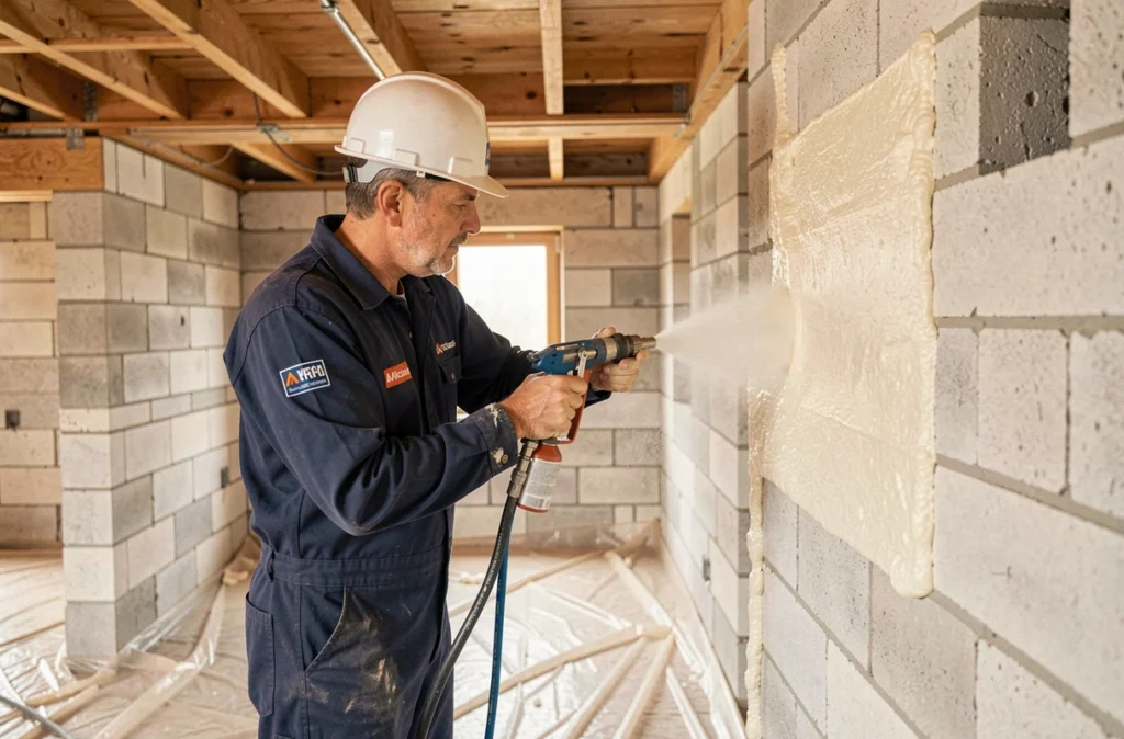 Technicien Actimur appliquant de la mousse isolante dans une paroi intérieure lors d'un chantier de rénovation
