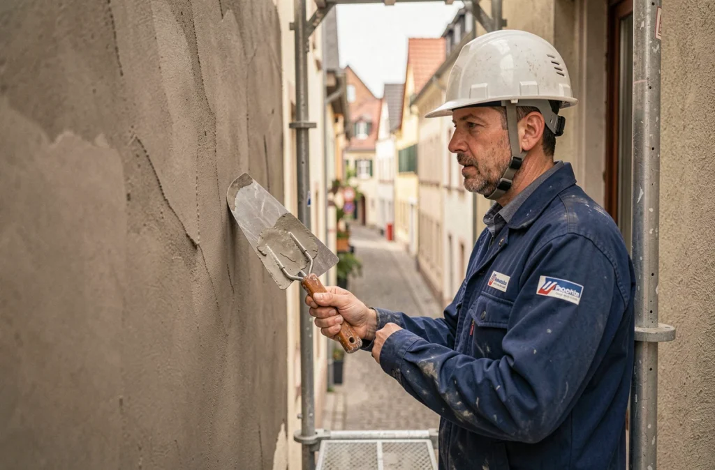 Artisan d'ADEM Bâtiment appliquant un enduit de façade sur un immeuble résidentiel à Strasbourg